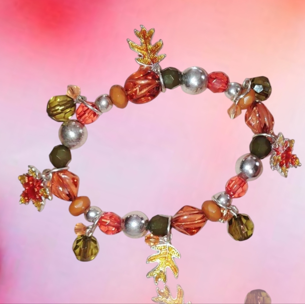 Fall Harvest Stretch Bracelet Golden Maple Leaves & Silver Green Orange Beads